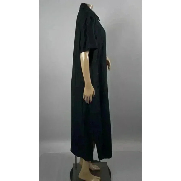 VTG JA Studio Dress Large Black Shift Midi Maxi Popover Button Collared Ramie - Picture 3 of 9